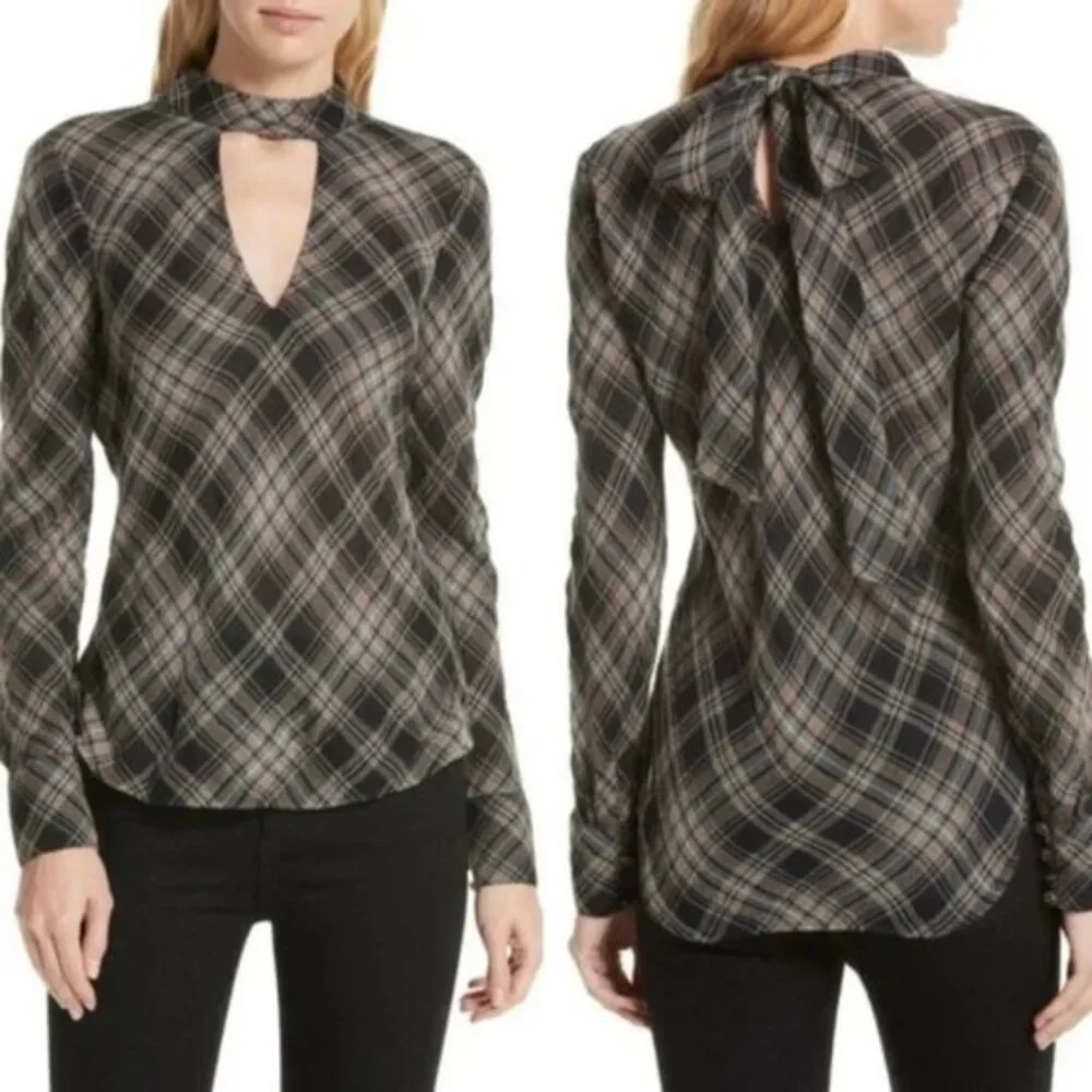 VERONICA BEARD Wade Metallic Plaid Tie-Neck Top Blouse size 6 Preppy Career
